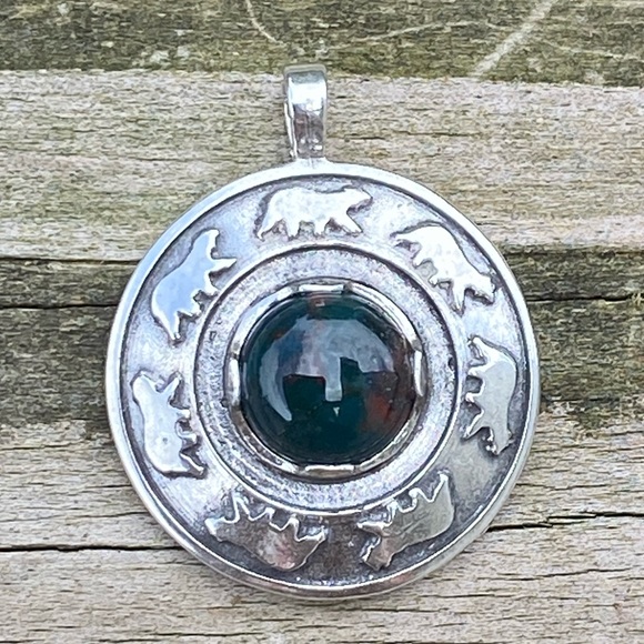 Bear Dance Circle Pendant .925 Sterling Silver w/ genuine Bloodstone Made in USA - Picture 3 of 10